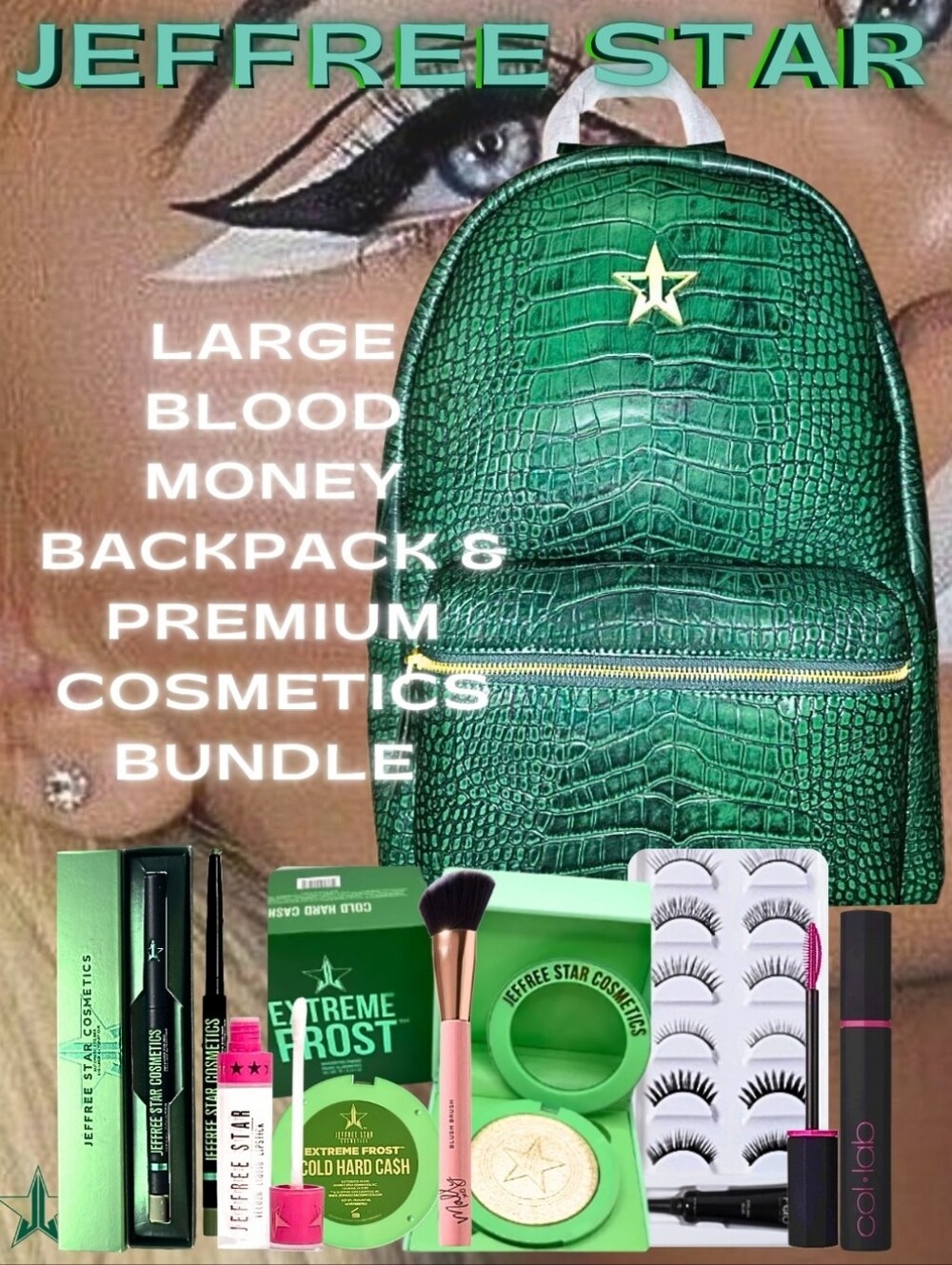 Jeffree Star Large Green Crocodile Design Backpack + Cosmetics Bundle